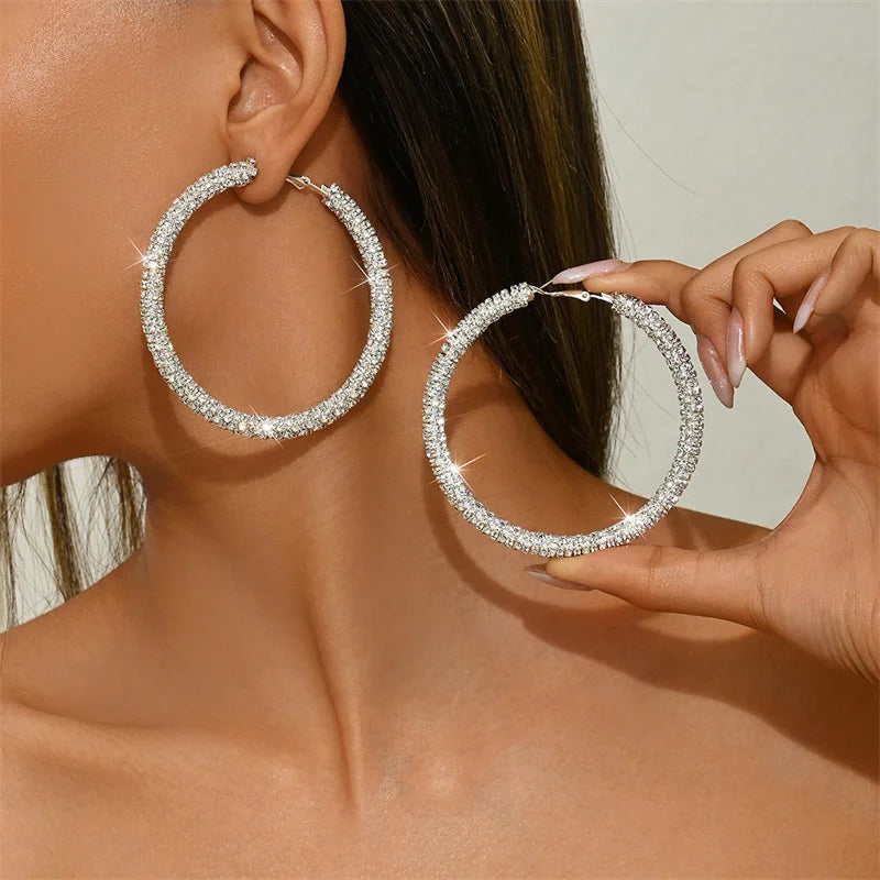 Grandes Boucles d'Oreilles Créoles Scintillantes en Strass – Diamètre XL
