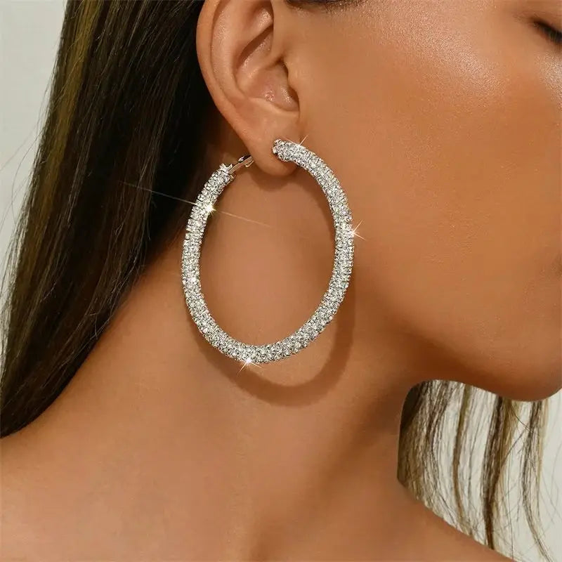 Grandes Boucles d'Oreilles Créoles Scintillantes en Strass – Diamètre XL