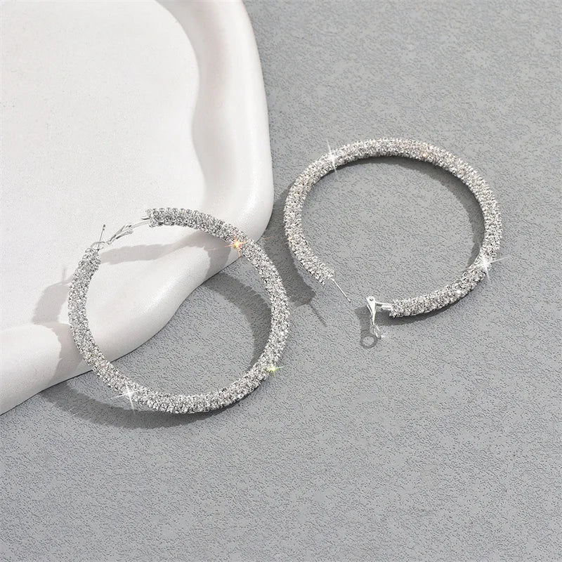 Grandes Boucles d'Oreilles Créoles Scintillantes en Strass – Diamètre XL